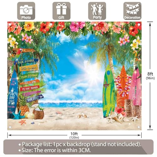 10x8ft Summer Hawaiian Beach Photography Backdrop Tropical Flower Palm Leaves Surfboard Background for Luau Aloha Party Decoration Banner Photo Booth - size: 10x8ft