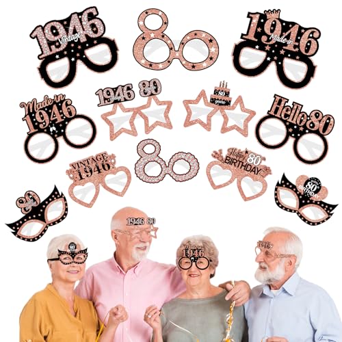 Turypaty 12Pcs 1946 80th Birthday Paper Glasses Decorations for Women - Rose Gold Happy 80th Birthday Paper Eyeglasses Photo Props Gifts, Vintage 1946 80 Years Old Birthday Party Supplies - style: Rose Gold 80th