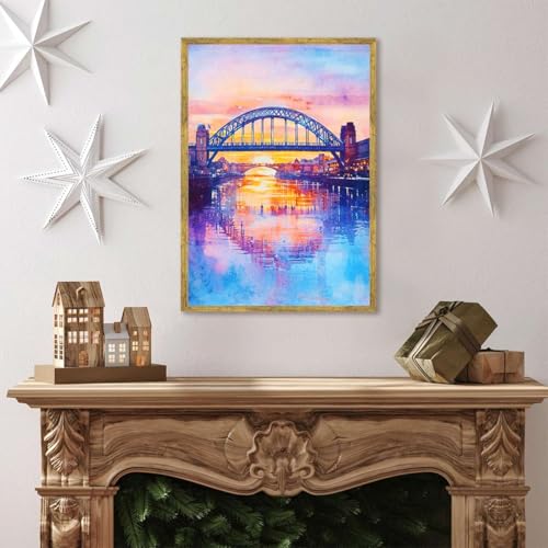 Framed Bridge Sunset Cityscape Canvas Print Modern Contemporary Wall Art Poster Painting Pictures Stunning Wall Decor for Living Room Bedroom Office Home Decoration (16L x24W,Gold Framed) - size: 16l"x24w"