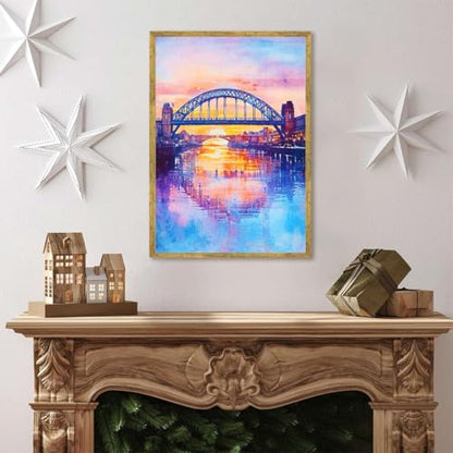 Framed Bridge Sunset Cityscape Canvas Print Modern Contemporary Wall Art Poster Painting Pictures Stunning Wall Decor for Living Room Bedroom Office Home Decoration (16L x24W,Gold Framed) - size: 16l"x24w"