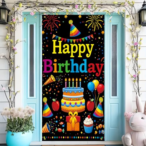 Happy Birthday Door Banner Backdrop (30 x 75 inches) - Colorful Party Porch Decoration, Birthday Celebration and Party Decoration - Birthday Hat Elements - color: multicolored#mf2602017