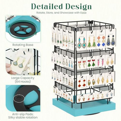 EsLuker.ly Rotating Earring Display Holder Stand for Vendors Events Selling, Large Capacity 64 Hooks Jewelry Rack with Wooden Base for Earring Card Sales, Enhances Retail Visibility (Blue) - color: Blue+Black