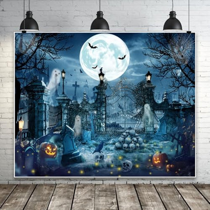 Halloween Backdrop for Photography 10x8ft Scary Cemetery Ghost Skull Full Moon Night Halloween Photo Backdrop Spooky Pumpkin Bat Photography Background Party Decor Kid Adult Portrait Photo Booth Prop