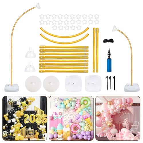 AerWo [Upgraded] Balloon Arch Kit 8.2ft+6ft, Gold Half Balloon Arch Stand with Base, Free Bending Top Curve Balloon Frame Stand for Floor Birthday Wedding Christmas Decorations - style: Half Arch Balloon Kit