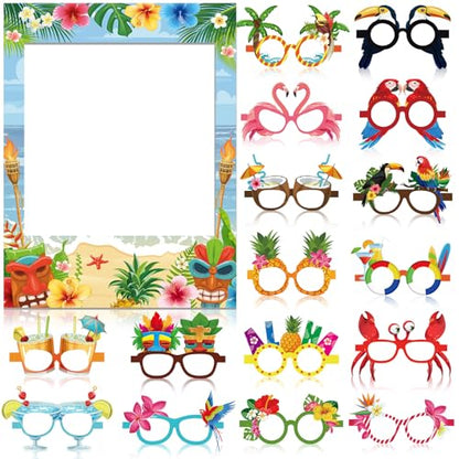 Jenaai Hawaiian Photo Booth Props Kit Luau Party Decorations 1 Hawaiian Photo Booth Frame 16 Summer Paper Eyeglasses Pool Party Selfie Props for Tropical Hawaii Luau Beach Tiki Decoration Supplies