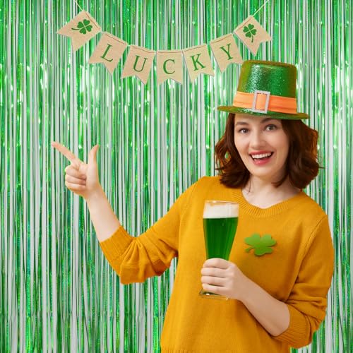 Melsan Green Fringe Backdrop Tinsel Foil Curtains for Dinosaur Jungle Birthday Party Decorations, 3.2ft x 8ft Streamer Photo Backdrop for Christmas, Football Event, Pack of 2 - color: Green, size: 3.2 x 8 ft