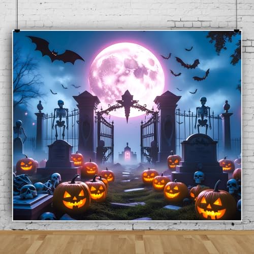 Halloween Backdrop 10x8ft Full Moon Skeletons Bats Halloween Backdrops for Photoshoot Spooky Graveyard Photography Background Scary Night Party Decorations for Adults Kids Home Decor Photo Props - color: Blue, size: 10x8ft