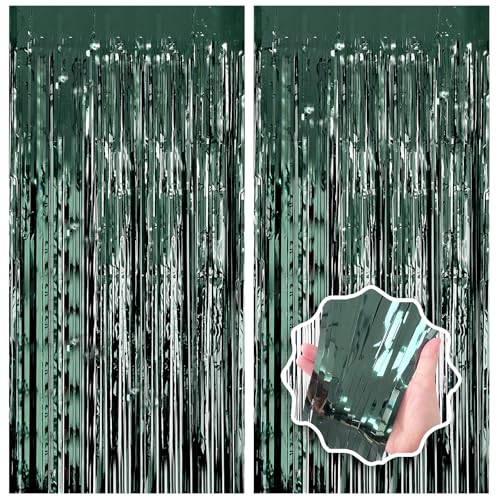 Dark Green Party Birthday Decorations Door Streamers Fringe Tinsel Foil Curtain, 2 Pack 3.3x8.2ft Dark Green Backdrop for Birthday Jungle Party Dinosaur Animal St Patrick's Day Christmas Decorations - color: Green