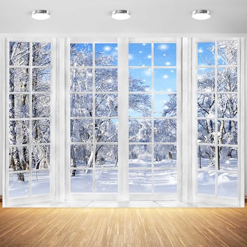 5x3ft Winter Landscape Window Backdrop Snow Trees Scenery Photography Background Banner Merry Xmas New Year Party Banner Decorations Supplies Photo Booth Props - size: 5x3ft