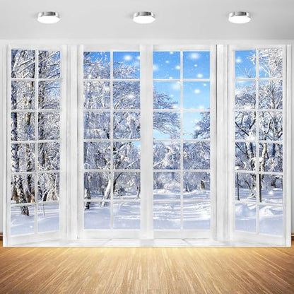 15x10ft Winter Landscape Window Backdrop Snow Trees Scenery Photography Background Banner Merry Xmas New Year Party Banner Decorations Supplies Photo Booth Props - size: 15x10ft
