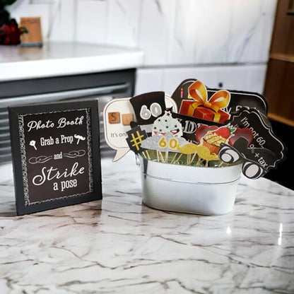 60th Birthday Photo Booth Props - 31-pc Selfie Props with 8 x 10-Inch Sign, 45 Adhesive Pads, 35 Sticks - Birthday Decorations