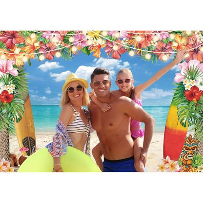 12X8FT Summer Hawaiian Luau Beach Backdrop for Photography Tropical Flower Luau Hawaiian Party Decorations Aloha Blue Sky Ocean Palm Leaves Background Supplies Photoshoot - size: 12'x8'