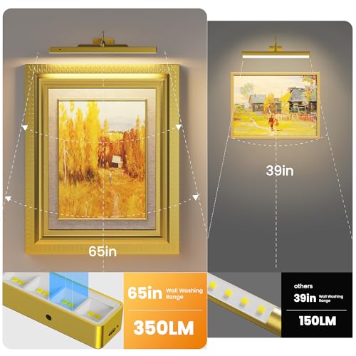 Picture Light 3Pack- 16in Picture Lights for Wall, 5000mAh Wireless Rechargeable Battery Picture Lights, Wall Light, Art Display Light for Gallery Artwork, Paintings, Portraits, Dartboards- Gold - color: Gold, size: 3 Pack
