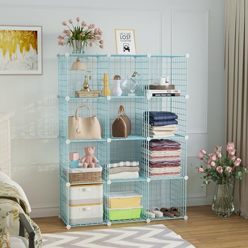 C&AHOME Wire Cube Storage, 12 - Cube Organizer Metal C Grids, Modular Shelves Units, Closet Organizer, Ideal for Home, Office, Living Room, 36.6”L x 12.4”W 48.4”H, Blue UWCS3012B - color: Blue