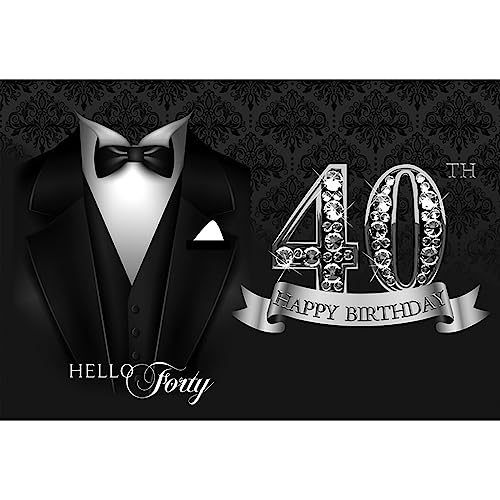 5x3ft Man 40th Birthday Backdrop Black Necktie Suit Tuxedo Silver Diamonds 40th Happy Birthday Photography Background Hello Forty Birthday Party Banner Cake Table Decor Photo Shoot Props - color: black silver 40, size: 5x3ft