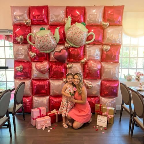 HILAVO Hot Pink Square Foil Balloon Wall, 25 PCS Double Sided Balloons Flat Hot Magenta Pink Square Balloon Backdrop for Mothers Day Graduation Bachelorette Summer Birthday Party Decoration - color: Hot Pink