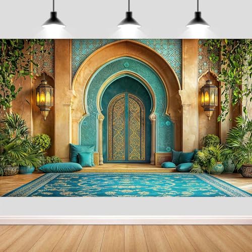5X3ft DYNH Arabian Moroccan Nights Party Backdrop, Morocco Palace Arch Architecture Middle Eastern Teal Luxurious Backdrop for Moroccan Wedding Birthday Party Background Decorations Photo Studio Props - color: Turquoise2, size: 5 x 3 ft