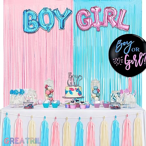 Pink and Blue Party Photo Backdrop - GREATRIL Foil Fringe Tinsel Streamers for Gender Reveal/Pastel/Easter/Birthdays Party Decorations - 3.2ft X 8.2ft - 2 Packs - color: Pink & Blue