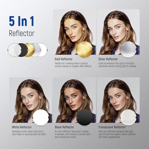 NEEWER 32"/80cm Light Reflector, 5 in 1 Foldable Multi Disc Photography Light Diffuser Translucent/Silver/Gold/White/Black with Clamp/Grips, 3/8" Thread/Cleaning Cloth for Outdoor Lighting, RF-80II - style: 80cm w/Cleaning Cloth