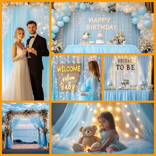 Tulle Curtain Backdrop with 300 LED Fairy Lights for Parites Wrinkle-Free Sheer Curtain Drapes Photo Back Drop for Wedding Baby Shower Bridal Shower Birthday Home Décor - 10ft×10ft, Baby Blue - color: Baby Blue