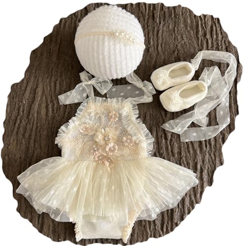 Zeroest Newborn Photography Prop Outfits Girl Lace Outfit Set Baby Girl Photo Shoot Infant Princess Photos - color: Light Beige
