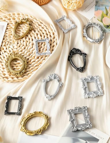 LHSYFBZ 20PCS Mini Vintage Resin Picture Frame, Mini Antique Photo Frame Oval Rectangle for DIY Jewelry Display, Photography Mobile Phone Photo and Wall Decor Hanging(Multicolor) - style: 20Black Gold Silver MiniResinPictureFrame