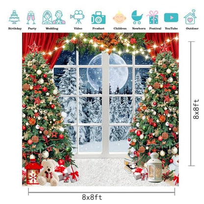 8x8ft Christmas Backdrop Christmas Window Backdrop for Photography Winter Xmas Tree Snow Gift New Year Party Backdrops Xmas Night Family Party Background - size: 8x8ft