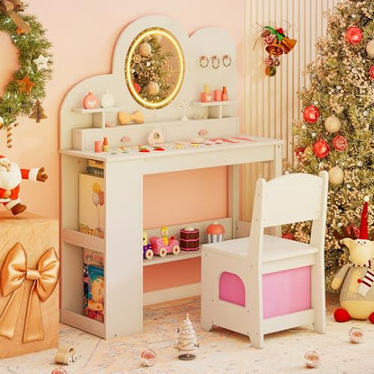 Costzon Kids Vanity, Girls Vanity Set with Lighted Mirror, Bookshelf, Drawers, Hooks & Storage Shelves, Toddler Makeup Vanity Desk Dressing Table, Wooden Kids Vanity Table and Chair Set (White) - style: White with Bookshelf