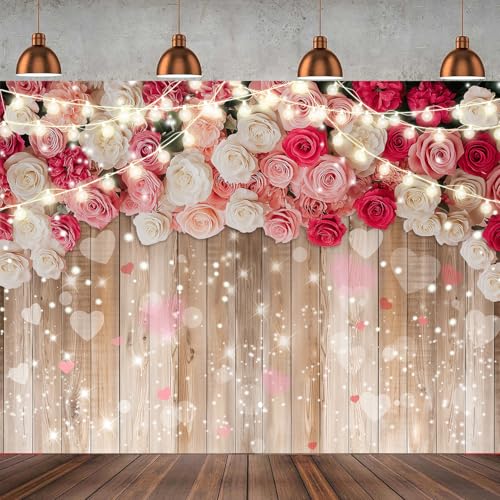 10x8ft Rustic Floral Wooden Wall Backdrop Wall for Women Family Photography Background Rose Flower Wooden Party Decoration for Birthday, Wedding, Baby Showers Valentine’s Day Photo Booth Props - size: 10 x 8ft