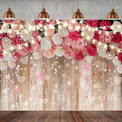 10x8ft Rustic Floral Wooden Wall Backdrop Wall for Women Family Photography Background Rose Flower Wooden Party Decoration for Birthday, Wedding, Baby Showers Valentine’s Day Photo Booth Props - size: 10 x 8ft