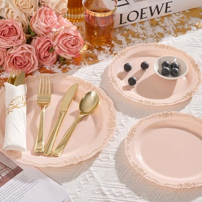 Fijinhom 175 PCS Pink Disposable Plates, Elegant Dinnerware Set for 25 Guests, 50 Plastic Plates, 75 Silverware, 25 Cups & 25 Paper Napkins, Pink - color: Pink Gold Pattern, size: 25 Guests-175pcs