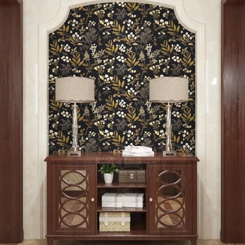 Laatse Black Gold Wallpaper Peel and Stick Dark Floral Wallpaper 17.5in x 118in Vintage Leaf Contact Paper Vinyl Waterproof Self Adhesive Boho Botanical Wall Paper for Bedroom Cabinet Décor - color: Black&Golden, size: 118" x 17.5"