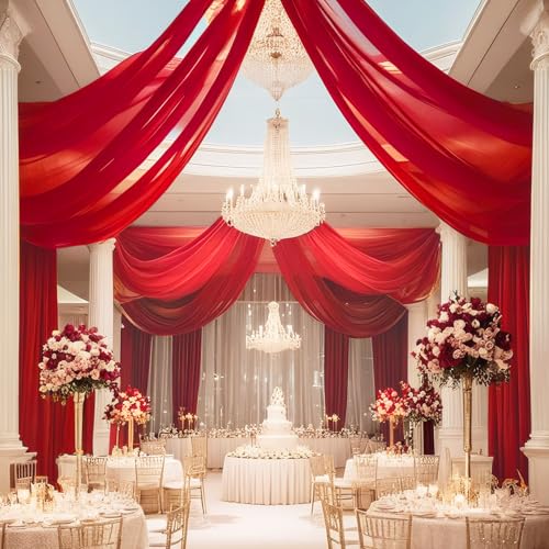 DUOBAO Dark Red Wedding Ceiling Drapes 30ft Sheer Chiffon Backdrop Curtains, Red Arch Draping Fabric for Wedding Ceremony Reception Ceiling Decor Party Event Decoration, 6 Panels 5x30ft - color: Red, size: 60"W x 360"L (Pack of 6)