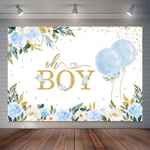 Oh Boy Baby Shower Backdrop - Watercolor Blue Floral Botanical Eucalyptus Blue Balloon Party Decorations Banner & Photo Booth Props (10x7ft) - size: 10x7ft