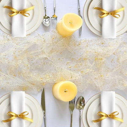 AerWo 6 Pcs Gold Table Runner 10FT, Boho Gold Foil Glitter Sheer Sequin Table Runners Wedding Centerpiece Table Decorations for Party Supplies Birthday Baby Shower Wedding Home Decor - size: 6 Pieces, style: Gold