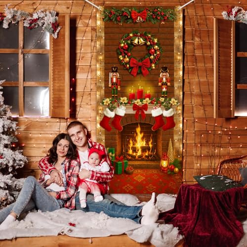 Buryeah Christmas Door Cover Decoration Christmas Fireplace Door Cover Xmas Nutcracker Banner Backdrop Photo Booth Prop Background for Winter Xmas Holiday New Year Party 6.5 x 3 Feet(Warm) - style: Warm