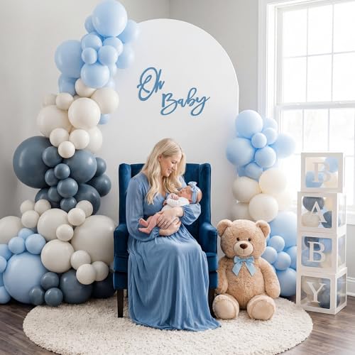 6.6FT Metal Arch Backdrop Stand and Cover Set, Blue Balloon Arch Kit, 153 Pcs Balloons, 4 Baby Shower Box, Letter Stickers, Clips for Baby Shower, Gender Reveal, Birthday, Wedding Decor