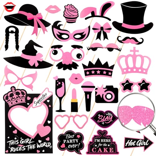 Hot Pink Glitter Photo Booth Props 31 Count, for Birthday Wedding Bachelorette Single Parties, Rose Golden Cute Funny Designs Birthday Decoration for Women Girls Bday Party Supplies