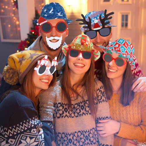 NICOWARM 12pcs Christmas Photo Booth Prop, 6pcs Fedora Hats, 6pcs Party Sunglasses for Adult, Teen, Ugly Sweater Hat, Funny Glasses, Merry Xmas Carnival Party Costume Prop