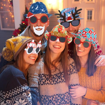 NICOWARM 12pcs Christmas Photo Booth Prop, 6pcs Fedora Hats, 6pcs Party Sunglasses for Adult, Teen, Ugly Sweater Hat, Funny Glasses, Merry Xmas Carnival Party Costume Prop
