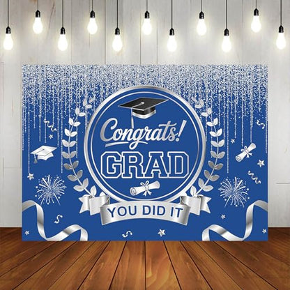 Graduation Backdrop Congrats Grad You Did It Party Decorations Background Congratulations Graduate Class of 2026 Banner Photo Booth Props (Blue and Silver, 7x5ft) - color: Blue and Silver