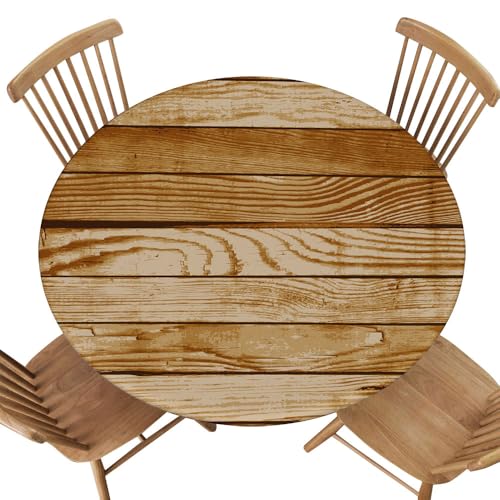 Round Fitted Tablecloth, Elastic Edge Polyester Cover, Brown Old Wood Texture Background Rustic, for Indoor Kitchen, Outdoor Picnic Tables, Fit for Diameter 32.2"-36.1" Round Table - color: Wood Texture -1, size: 36.1" (Round)