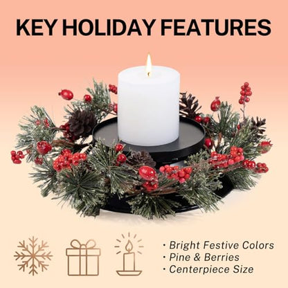 MOYEE Candle Holder Centerpieces for Tables,Candle Ring,Wreaths, Black Metal Candle Stick Paired Artificial Flowers 14 in Versatile Dining Table Centrepiece - color: Pine Needle and Red Pine Cone Wreath