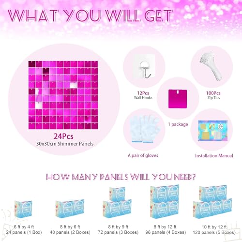 24 Panels Rose Red Shimmer Wall Backdrops, Square Sequins Backdrops with 6D Effect, Large Photo backdrops for Birthday, Graduation, Wedding, Anniversary Party Decoration and Home Decoration - color: Rose Red