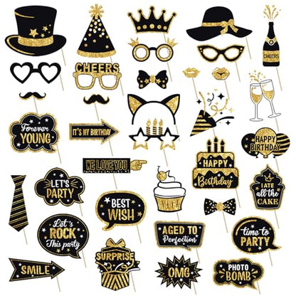 JOJO FLY 36 Pcs Birthday Photo Booth Props Kit, Black and Gold Party Favors, Happy Birthday Party Decorations, Photobooth Holiday Selfie Supplies