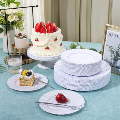 U-QE 60 Pcs White Plastic Plates for Party – Scalloped Plastic Plates Heavy Duty & Elegant – Include 30 10" Dinner & 30 7" Dessert Plate - Perfect for Party & Wedding - color: White