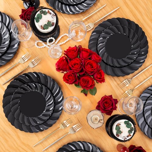 U-QE 60 Pcs Black Plastic Plates for Party – Black Plastic Disposable Heavy Duty – Include 30 10.25" Dinner & 30 7.25" Dessert Plate - Perfect for Parties, Weddings - color: Black