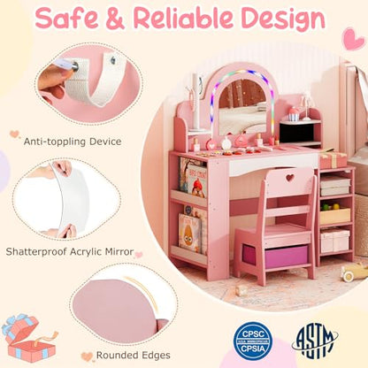Costzon Kids Vanity, Girls Vanity Set with Lighted Mirror, Bookshelf, Jewelry Storage, Toddler Makeup Vanity Desk Dressing Table, Wooden Kids Vanity Table and Chair Set (Pink) - style: Pink