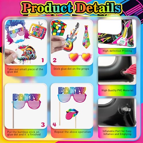 80s Inflatable Photo Frame & Props, 30Pcs Back to The 80s Photo Booth Props with Inflatable Selfie Picture Frame for 1980s Throwback Birthday Party Supplies - color: 80s