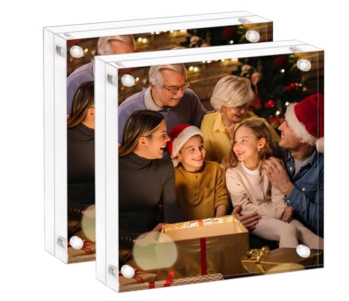 AMEITECH Acrylic Picture Frame 8x8-2 Pack, Clear Double Sided Frameless Photo Frame with Magnetic, Free Standing Desktop Acrylic Frame Display, Lucite Frame with Gift Box Package, 12+12mm Thickness - size: 8 x 8 inch